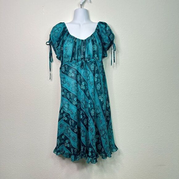 Cinema Etoile Vintage Blue Hipster Y2K Paisley Semi Sheer Ruffle Dress Size L - Picture 1 of 14